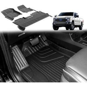 IKABEVEM Carbon Fiber Pattern Floor Mats Fit for Ford F250 F350 F450 F550 2017-2026 SuperDuty Crew Cab Carpet Floor Rear with Under-Seat Fold-Flat Storage All Weather TPE Car Mats 1st & 2nd Row Grey