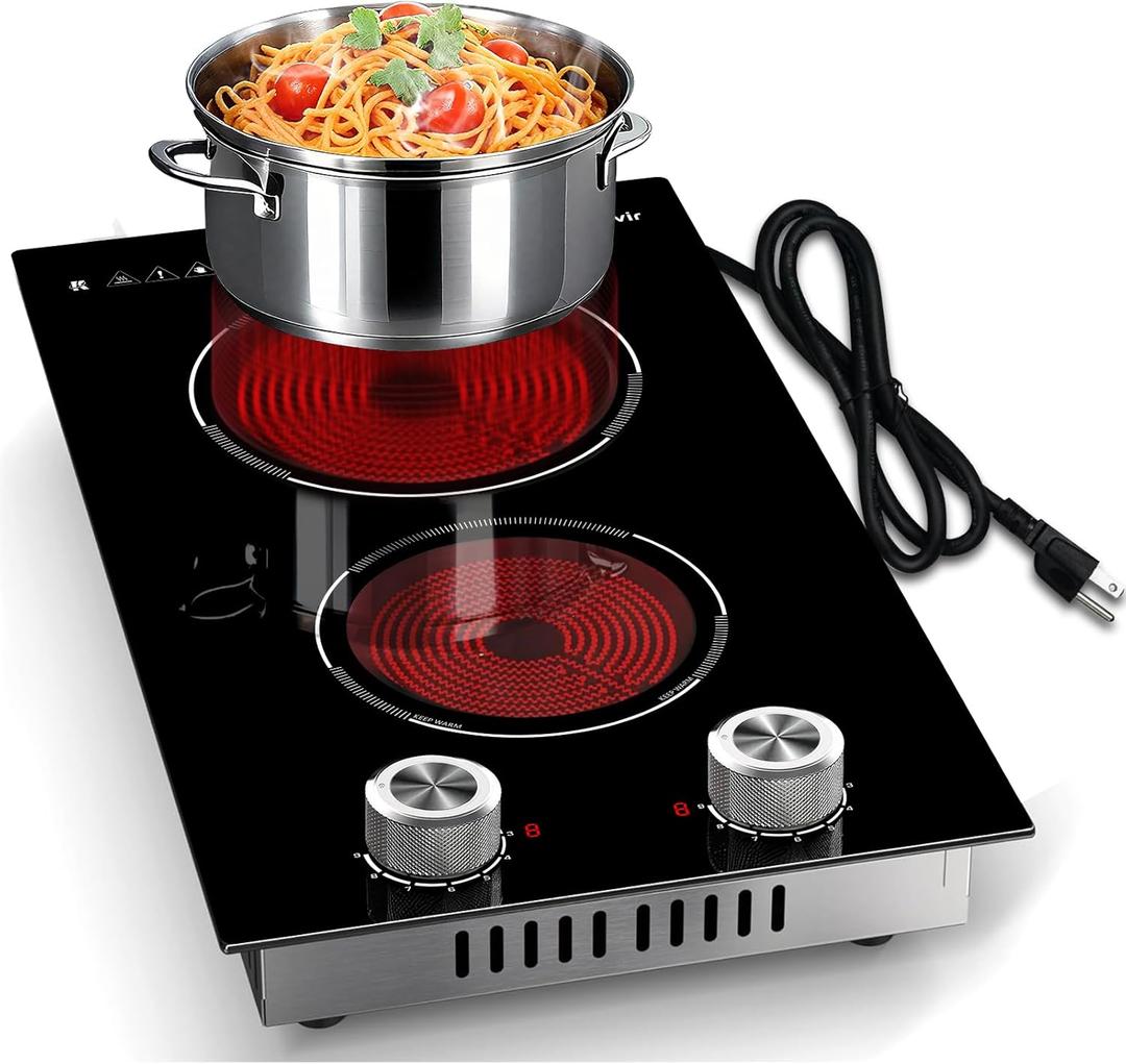 2 Burner Electric Cooktop 110V Karienvir, Plug in Electric Stove Top Burner 2000W, Cooktop Knob Controls, 12 Inch Countertop & Built-In Portable Kitchen Cooktop, 9 Power Levels, Residual Heat Warnings