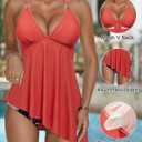 RXRXCOCO Mesh Halter Tankini Swimsuits for Women Tummy Control Swimsuit Asymmetrical Flowy High Waisted Bathing Suits (Small, Orange Floral)