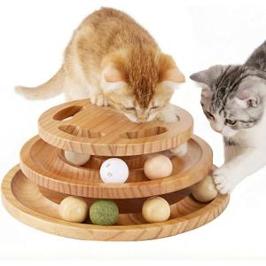 Cat Ball Track Toy with Puzzle Top, Extra Large Wooden Cat Toys for Indoor Cats with Spinning Balls, Interactive Cat Ball Tower for Kitten Exercise Mental Physical