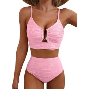 Herseas 2 Piece Bikini Set U-Wire Cutout Popular Swimsuit High Waisted Textured 2026 Summer Beach Swim Bathing Suits (Pink, S)