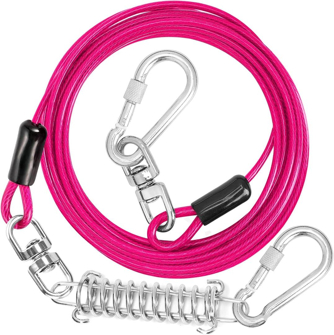 jenico Dog Tie Out Cable, 10/15/20/30/40/50/70/100/150FT Runner Cable with Swivel Hook and Shock Spring, Dog Leash Run Tether for Yard Outdoor and Camping,for Small to Medium Pets Up to 500 LBS (Pink)