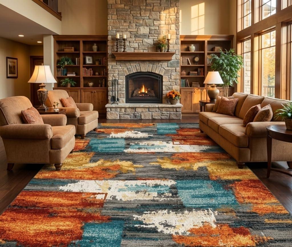 8x10 Area Rug for Living Room,Modern Abstract Burnt Orange Rug,Terracotta and Teal Brushstroke,Washable Rug,Non Slip, Bedroom, Dining Room, Home Office