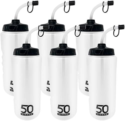 50 Strong 1 Liter BPA-Free Plastic Round Sports Water Bottle with Straw - 5 Pack