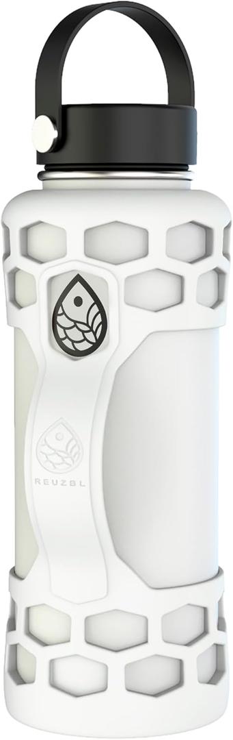 REUZBL Silicone Boot Sleeve Protector with Handle  Compatible with Hydro Flask 40oz, 32oz, 24oz, 21oz  Protective Bottle Bumper for Stainless Steel Water Bottles (White)