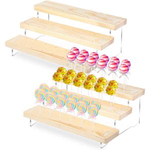 2 Pack Cake Pop Stand Display Riser, Lollipop Display Stand Holder, 3 Tier 36 holes, Acrylic Pine Wood Dessert Table Stands, for Weddings Birthday Baby Shower Candy Buffet Parties, Fit 3mm Sticks