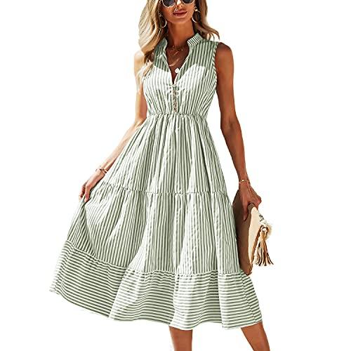 BROVAVE Womens 2025 Summer Sleeveless Shirt Dress Collar Striped V Neck Casual Midi Dresses Green L