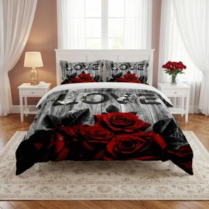 WeCozy Queen Size Comforter Set with 2 Pillowcases, Red Rose Flower 3 Pcs Bedding for Kids and Adults, Summer Vintage Woodboard Soft Comforter Set for Bedroom Bed Decor (Multi 4)