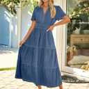 Simplee Womens Summer Denim Dress Casual Short Sleeve V Neck Empire Waist Boho Flowy Western Jean Maxi Dresses with Pockets (S)