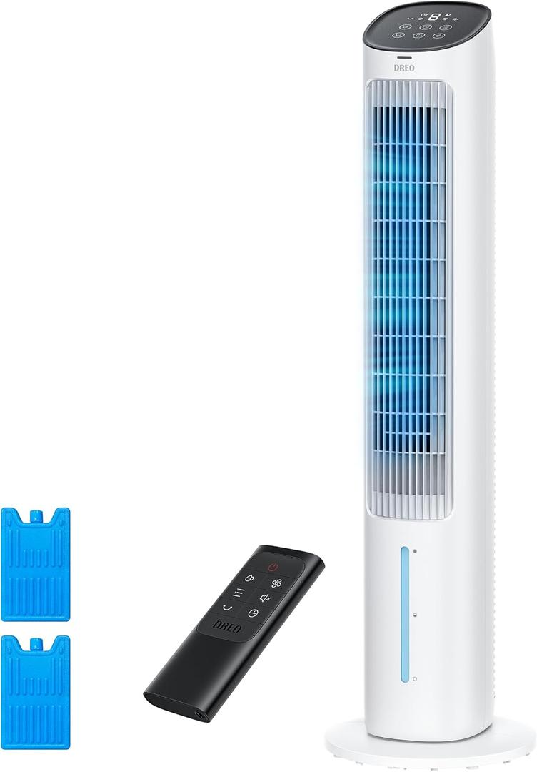 DREO Evaporative Air Swamp Cooler, 40 Standing Fans that Blow Cold Air, 80 Oscillating Bladeless Cooling Fan for Bedroom, Removable Water Tank, Ice Packs, Remote Control, 4 Speeds, 7H Timer, White