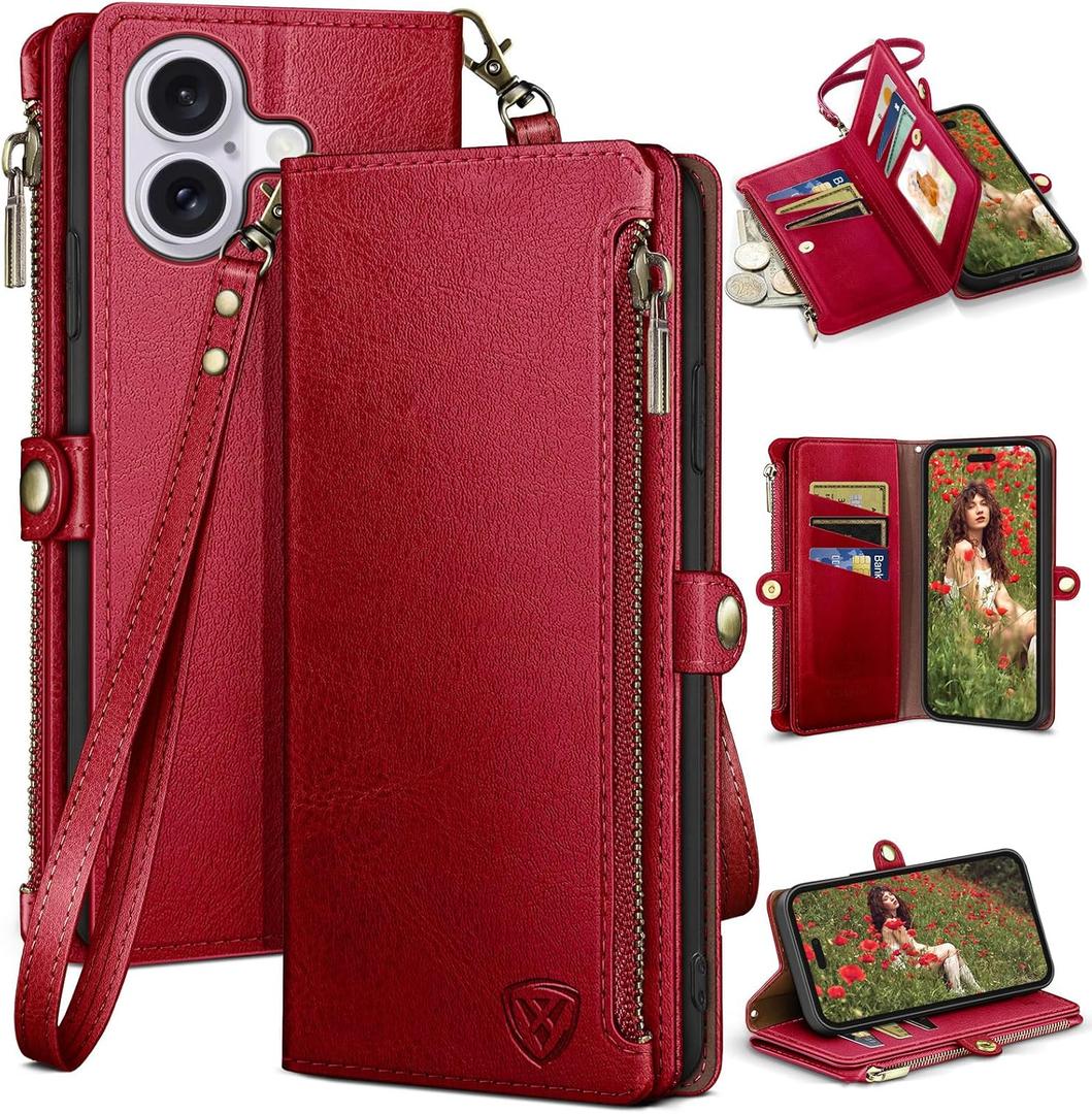 XcaseBar Compatible with iPhone 16 6.1" Wallet case with Zipper Credit Card Holder【RFID Blocking】, Flip Folio Book PU Leather Phone case Shockproof Cover Women Men for Apple 16 case Red