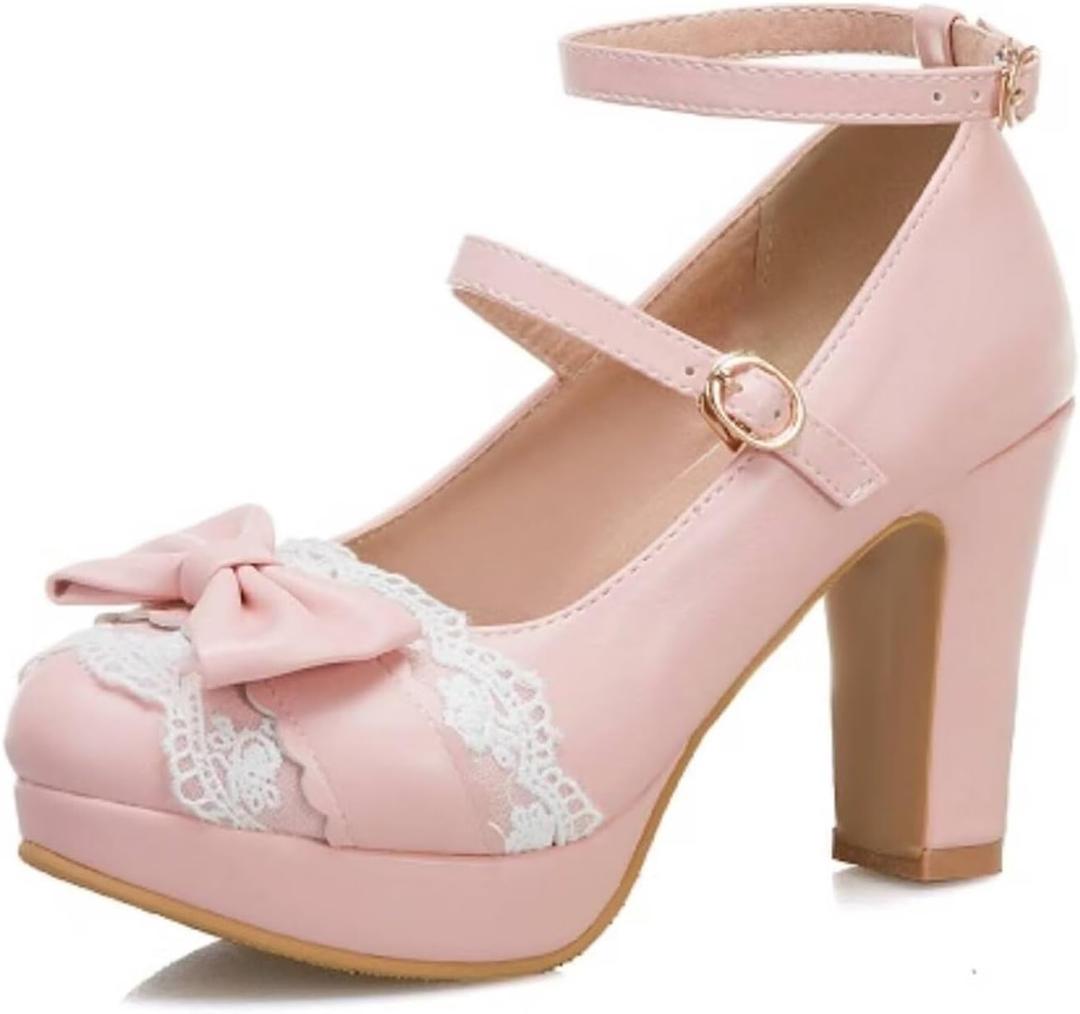 MEOTINA Cute Bow Heels Mary Janes Shoes Women Dress Platform Strappy High Heels Kawaii Shoes (6, Lace Pink)