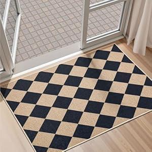 EDIMENS Checkered Easy Jute Rug, 2x3 Front Door Mat Small Entryway Non-Slip Washable Area Rug, Farmhouse Diamond Outdoor Carpet Low Pile Indoor Black Door Mat for Entrance Kitchen Entry Porch Doorway