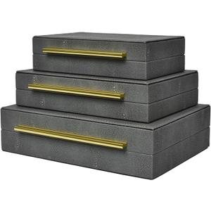 Faux Shagreen Leather Jewelry Storage Boxes Set of 3 with Gold Handles, Velvet Lined Stackable Organizer for Women, Vanity, Dresser, Gift, Grey