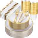 Morejoy 350PCS Pearl White and Gold Plastic Plates - Disposable Gold Party Plates & Pre Rolled Napkins with Cutlery for 50 Guests, 100Plates, 150Silverware, 50Cups, 50Napkin for Party & Thanksgiving
