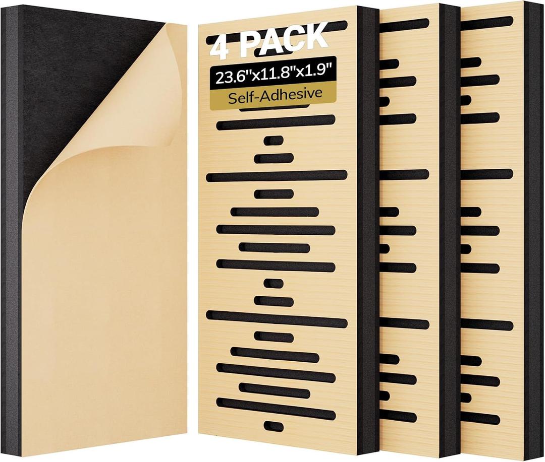 TONOR 4-Pack Acoustic Wood Wall Panels, 23.6” * 11.8” * 1.9” 3D Self-adhesive Wall Panel, Three-layer Soundproof Tiles for Echo Absorbtion, Acoustical Barrier of Polyester Fiber, wood, Burly Wood