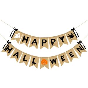 Happy Halloween Burlap Banner Halloween Party Banner Burlap for Happy halloween Haunted Houses Home Indoor Mantle Decor