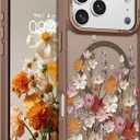 DOMAVER for iPhone 17 Pro Max Case, Magnetic Phone Case for iPhone 17 Pro Max [Compatible with MagSafe] Slim Fit Flowers Floral Design Shockproof Protective Bumper Women Girls Cover, Spring-Brown