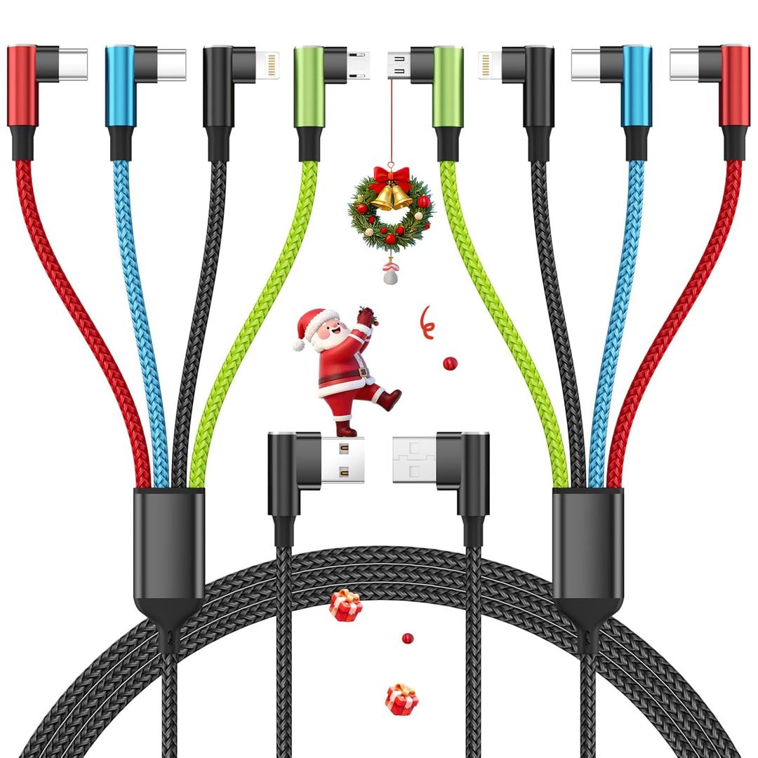 Travel Essentials 90 Degree Multi Charging Cable [2Pack 5FT], Right Angle 4 in 1 Charging Cable, USB Cable Charging Cords with IP/Type C/Type C/Micro Port, Compatible with Most Cell Phones and More (USB A-Red_Blue_Black_Green x2)