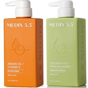 Medix 5.5 Argan Oil + Coconut Oil Skin Care Set Moisturizer Cream Body & Face Lotion | Firming Body Lotion Set Reduces Look Of Wrinkles, Cellulite, Dry Skin, & Uneven Skin Tone For Women, 2PC Bundle (15 Fl Oz (Pack of 2))