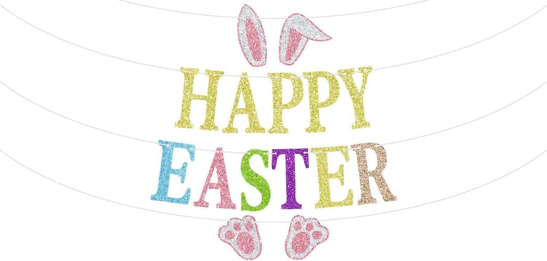 Happy Easter Banner, Bunny Holiday Sign, Rabbit Paw Ears Birthday Bunting, Spring Easter Festival Party Decorations