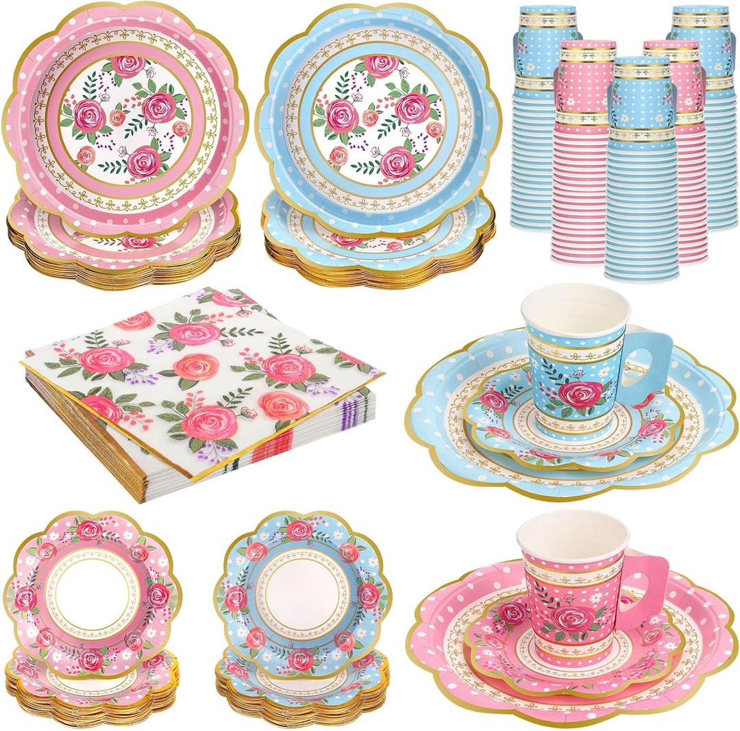 200 Pcs Disposable Tea Party Cups and Saucers Set, 50 Guests Floral Tea Party Supplies Include 9 oz Paper Tea Cups with Handle, 9 Inch Paper Plates, Saucers Napkins for Tea Party Birthday Wedding
