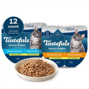 Blue Buffalo Tastefuls Savory Singles Variety Pack, Wet Cat Food in Gravy, 2.6-oz. Twin-Pack Trays, Chicken & Turkey Entre (12 Count)