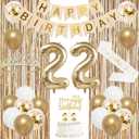 Trgowaul 22nd Birthday Decorations for her, Champagne Gold Happy 22nd Birthday Supplies for Girls, 22 Sash and Crown, Banner, Fringe Curtains, Cake Topper, 22 Year Old Party Supplies Set