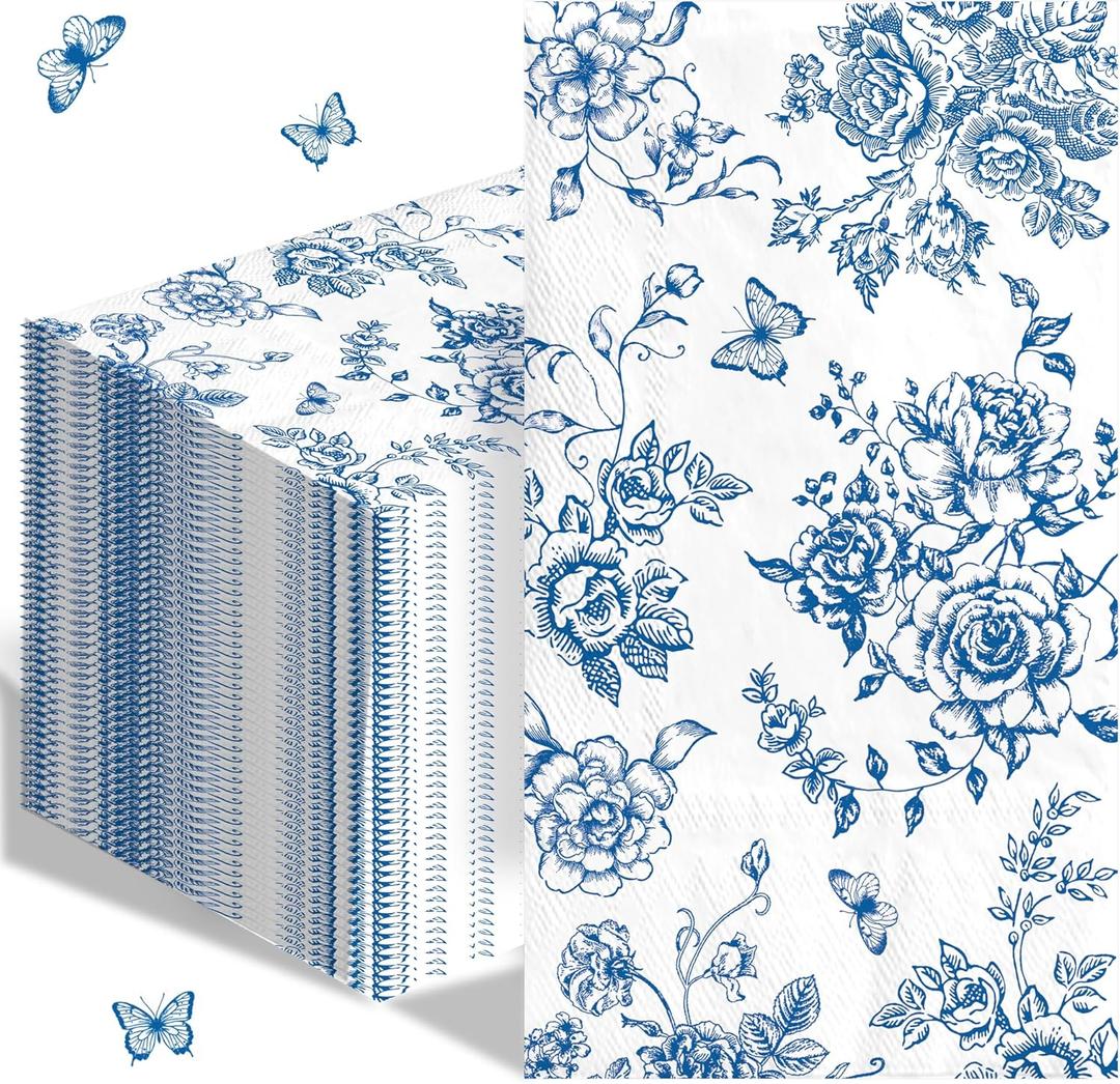 100pcs Blue Floral Napkins Disposable Hand Towels for Bathroom 3 Ply Blue and White Guest Decorative Paper Napkins for Bridal Tea Wedding Birthday Party Supplies Table Decorations