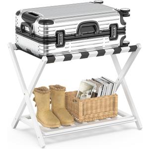 BAMBOOHOMIE Bamboo Luggage Rack for Guest Room, Wide Suitcase Stand with Storage Shelf, Folding Luggage Stand Holder for Bedroom Hotel, 26.77" Thickened Luggage Rack for Suitcases, White