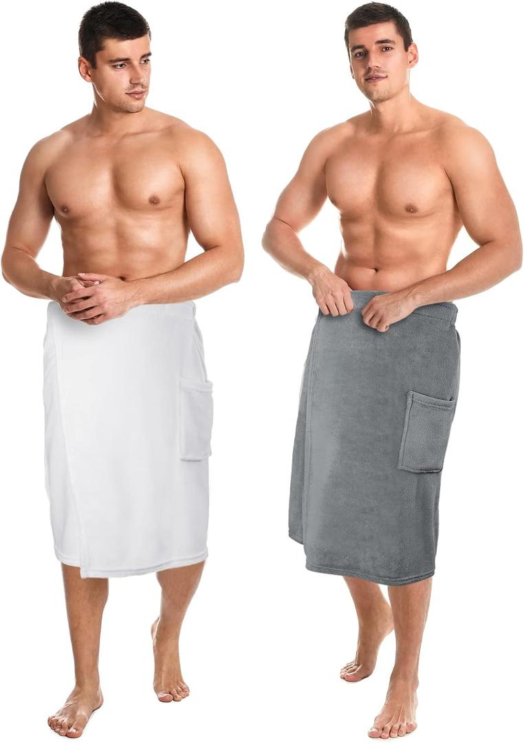 2 x Tudomro 2 Pcs Men's Bath Wrap Towel Large Shower Adjustable Terry Body Spa Towel with Pocket After Shower Wrap for Men Gift Spa College Bath Dorm Room Gym(Grey, White)
