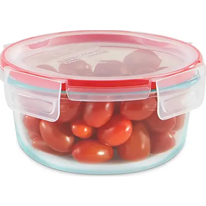 Pyrex Freshlock 4 Cup Round Food Storage Container: Glass Container with Lid, Oven & Microwave Safe, Clear/Red