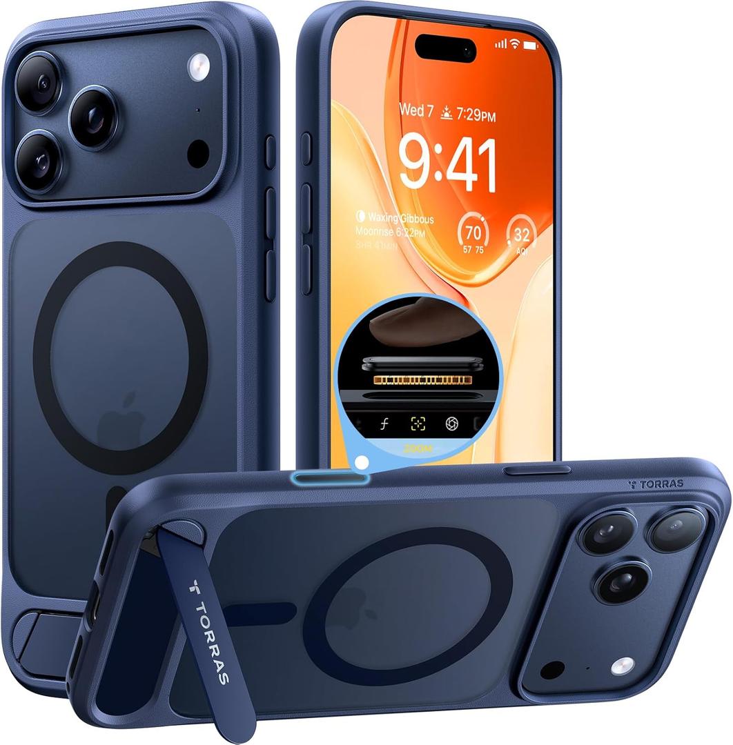 TORRAS Strong Magnetic & Seamless Stand for iPhone 17 Pro Max Case, Fit for MagSafe, Military Grade Drop Protection, Adjustable Kickstand Slim for iPhone 17 Pro Max Case Translucent Matte Deep Blue