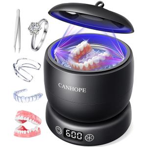 Ultrasonic Retainer Cleaner Machine, Ultrasonic Jewelry Cleaner, Denture Cleaner for Invisalign, Mouth Guards, Night Guards, Aligners, Toothbrush  Detachable Base & Lid, Digital Timer, Black