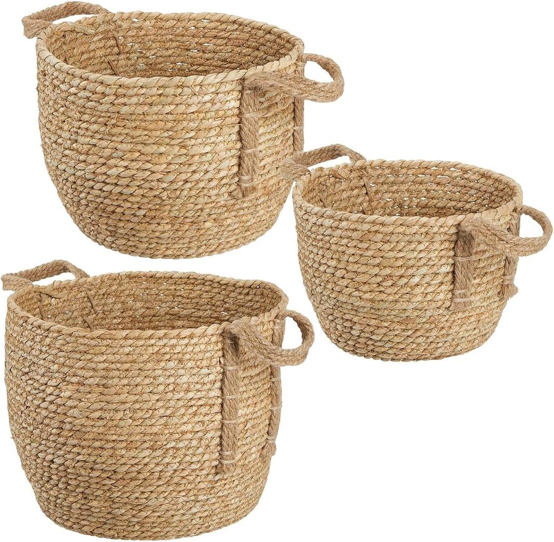 Seagrass Storage Baskets Set of 3, Handwoven Wicker Style with Handles, Large Round Basket for Blankets, Laundry, Toy Storage, Plant and Home Organization, Boat Basket Inspired Design