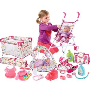 DeAO Kids Baby Doll Stroller Nursery Role Play Set with a Variety of Feeding Toy and Play Mat Travel Cot Baby Carrier Stroller and Travel Bag