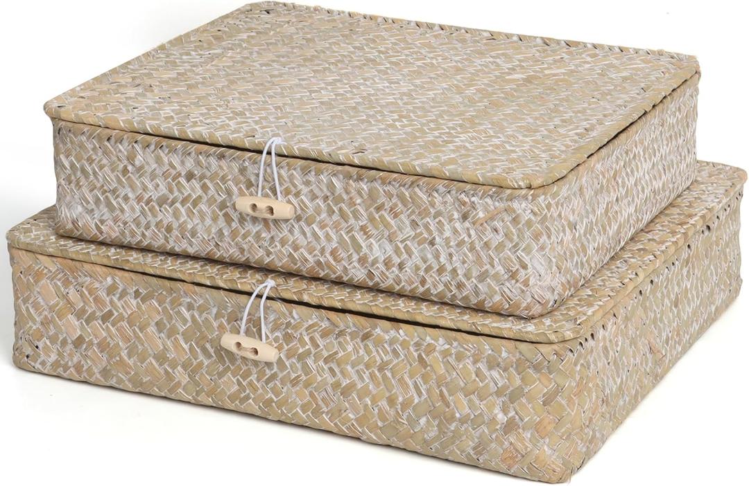 Flat Wicker Shelf Baskets with Lid, Seagrass Woven Basket Boxes for Storage Basket Bins Multipurpose Home Decor Organizer (Whitewash Set of 2)