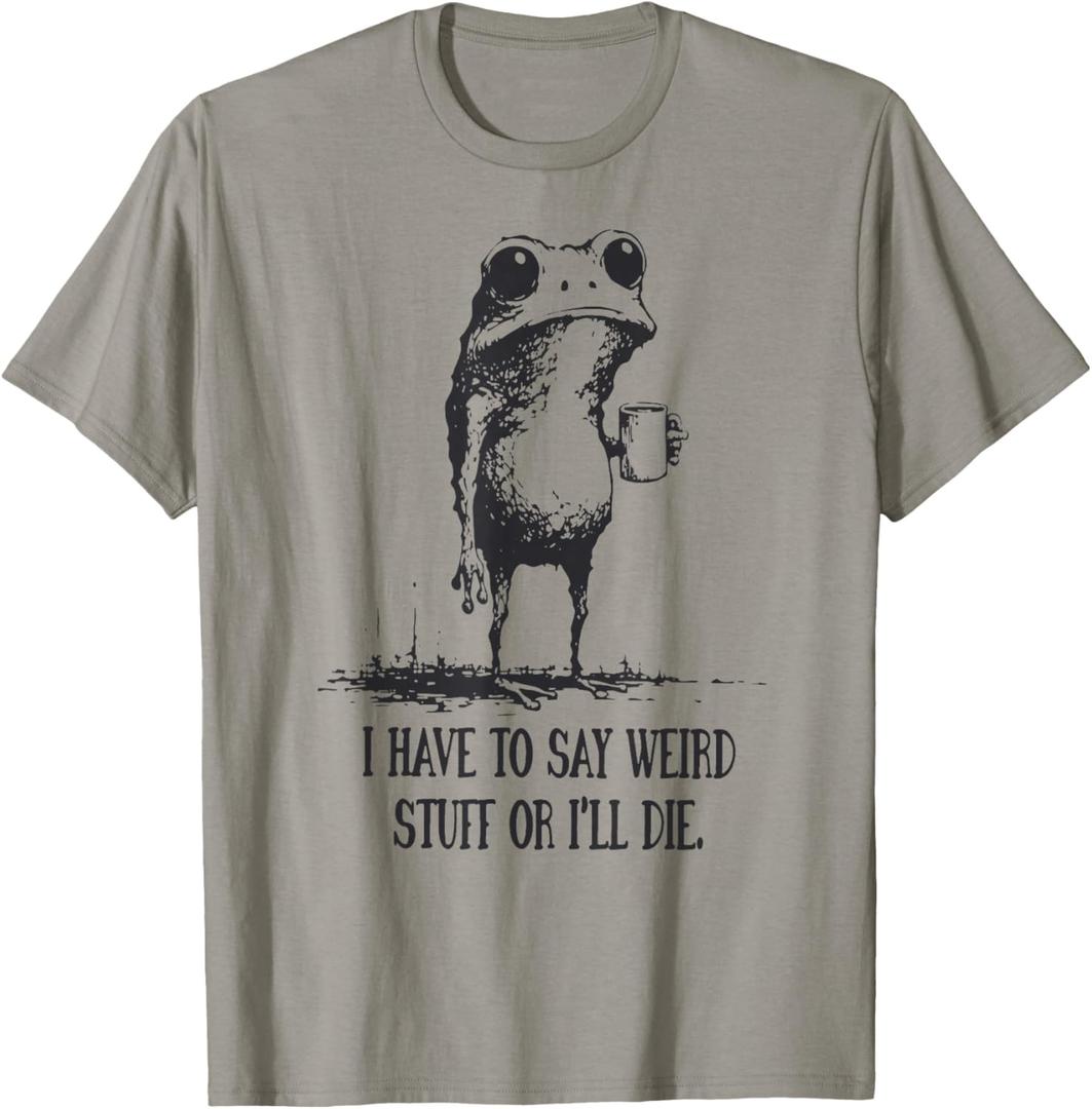 I Have to Say Weird Stuff Or I'll Die Funny Frog Meme Retro T-Shirt (Gray, XL)