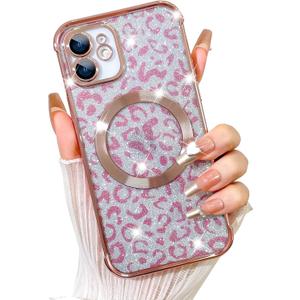 Fiyart Designed for iPhone 11 Case,Compatible with MagSafe Cheetah Print Plating Camera Protection Magnetic Clear Glitter Leopard Print Shockproof Phone Bumper for Women Girls 6.1"-Pink