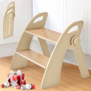 Wooden Step Stool, 300 lb. Load Capacity, with Safety Non-Slip Pads and Handles, Bamboo Step Stool for Bathroom and Kitchen, Gift for Christmas (Log Color)