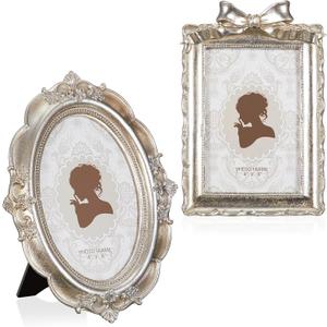 Qunclay 2 Pcs Vintage Picture Frames Antique Baroque Ornate Resin Rectangle Oval Photo Frames with Glass Front Tabletop and Wall Decor for Home Wedding Christmas Party Decor(Silver,4 x 6 Inches)