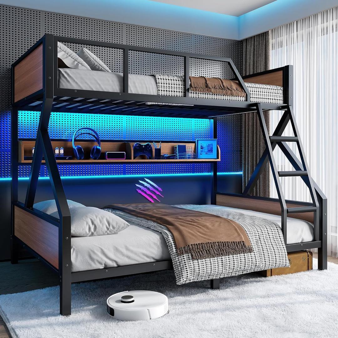 Bellemave Full XL Over Queen Bunk Bed with Storage Shelves and LED Lights, Metal Bunk Beds with Ladders, Heavy-Duty Bunkbed Frame for Guest Room, Bedroom, Home Office, Dorms, Black