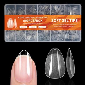 600Pcs Almond Soft Gel Nail Tips, Almond Short Nails, 12 Sizes Half Matte Full Cover Acrylic Fake Nails Clear False Nail Extension for Beginner and Professional Home Salon DIY