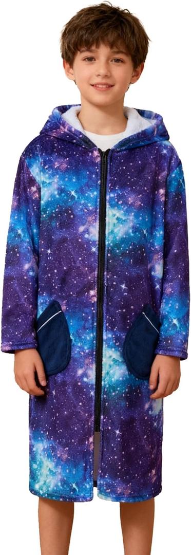 Funnycokid Boys Bathrobe Zipper Kids Soft Fleece Hooded Robe 12-14 Years
