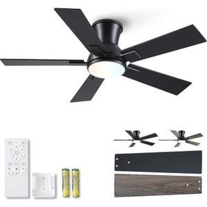 Modern Ceiling Fans with Lights - 42 inch Low Profile Ceiling Fan with Light and Remote, Flush Mount Reversible DC Motor, 6-Speed Quiet LED Dimmable for Bedroom, Indoor and Outdoor, Patios Black
