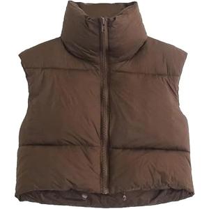 Shiyifa Women's Fashion High Neck Zipper Cropped Puffer Vest Jacket Coat (Brown, XXL)