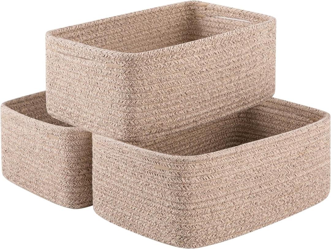 3 Pack Small Storage Baskets for Organizing, Cute Woven Decorative Gift Baskets for Shelves, Mini Closet Organizer Bins with Handles, 16''Lx10''Wx8''H-Brown