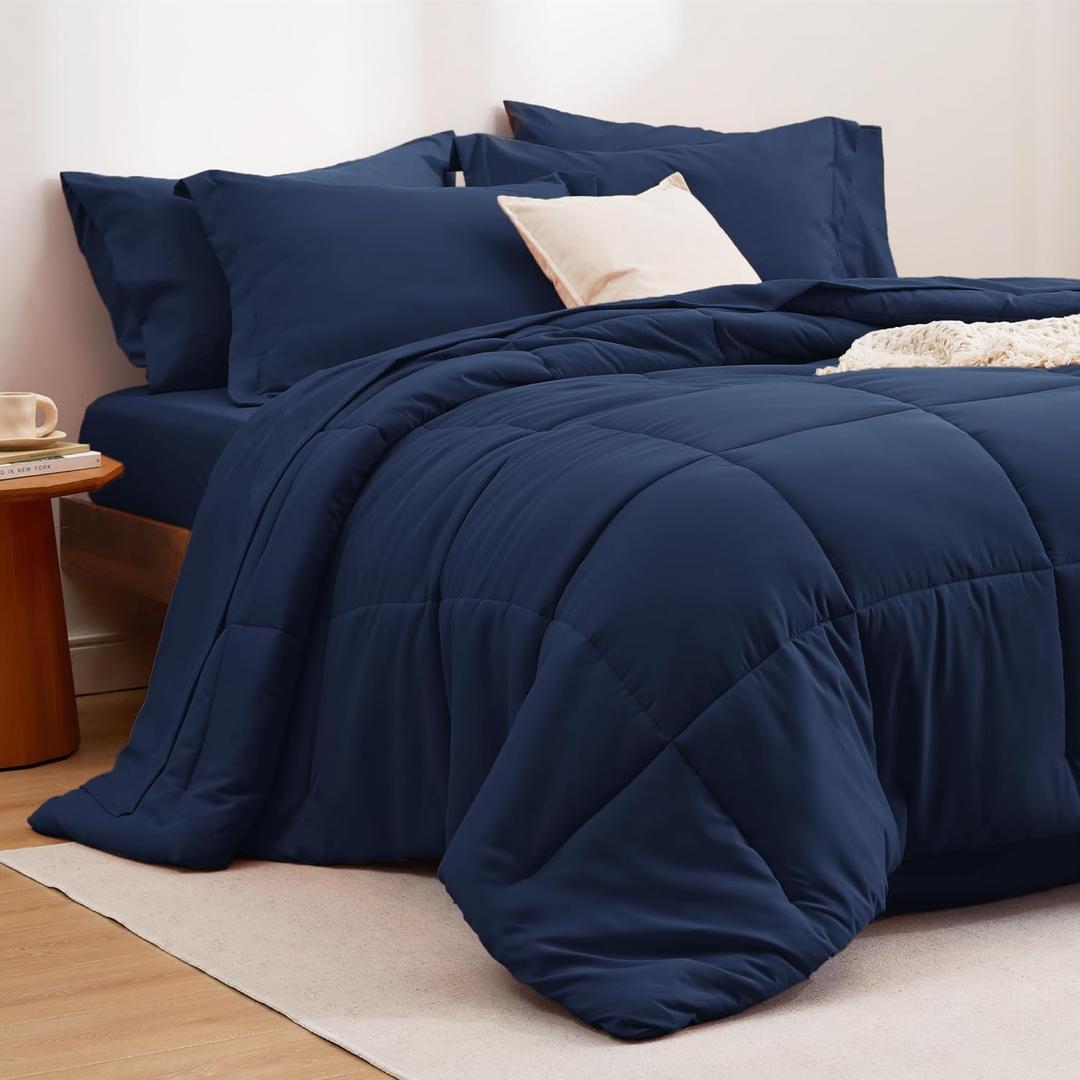 Bedsure Navy Bedding Sets Queen - 7 Pieces Solid Bed in a Bag, Queen Bed Set Navy with Comforter, Sheets, Pillowcases & Shams (01 - Navy)