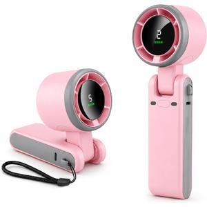 EcoNour Handheld Fan Rechargeable, Portable Mini USB Fan with 5 Speeds, 13550 RPM High-Speed Personal Cooling Fan, Foldable Battery Operated Travel Fan for Home, Office & Outdoor - Pink
