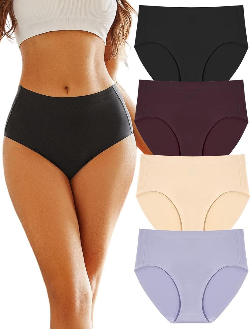 3 Pack FINETOO Women's High Waisted Seamless Underwear Full Coverage Brief Ladies No Show Panties Sexy Lingerie Regular&Plus Size (Large, Black & Beige & Grape Purple & Silver Gray)